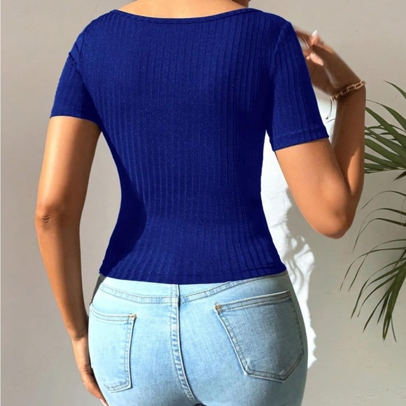 Royal Blue Ribbed Tie-Front Blouse – Size XXL - Picture 2 of 4